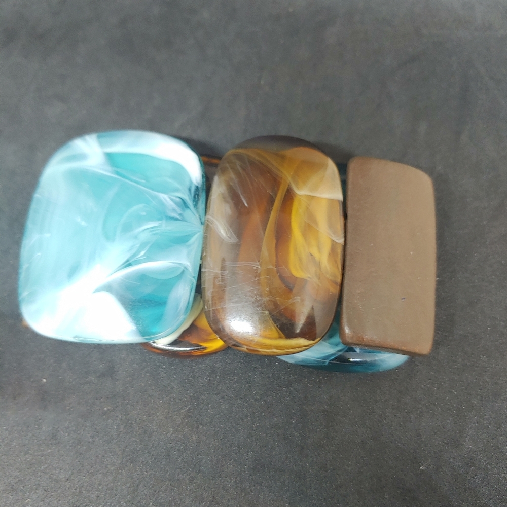 Stretch Panel Linked Bracelet Teal & Brown Marble… - image 3